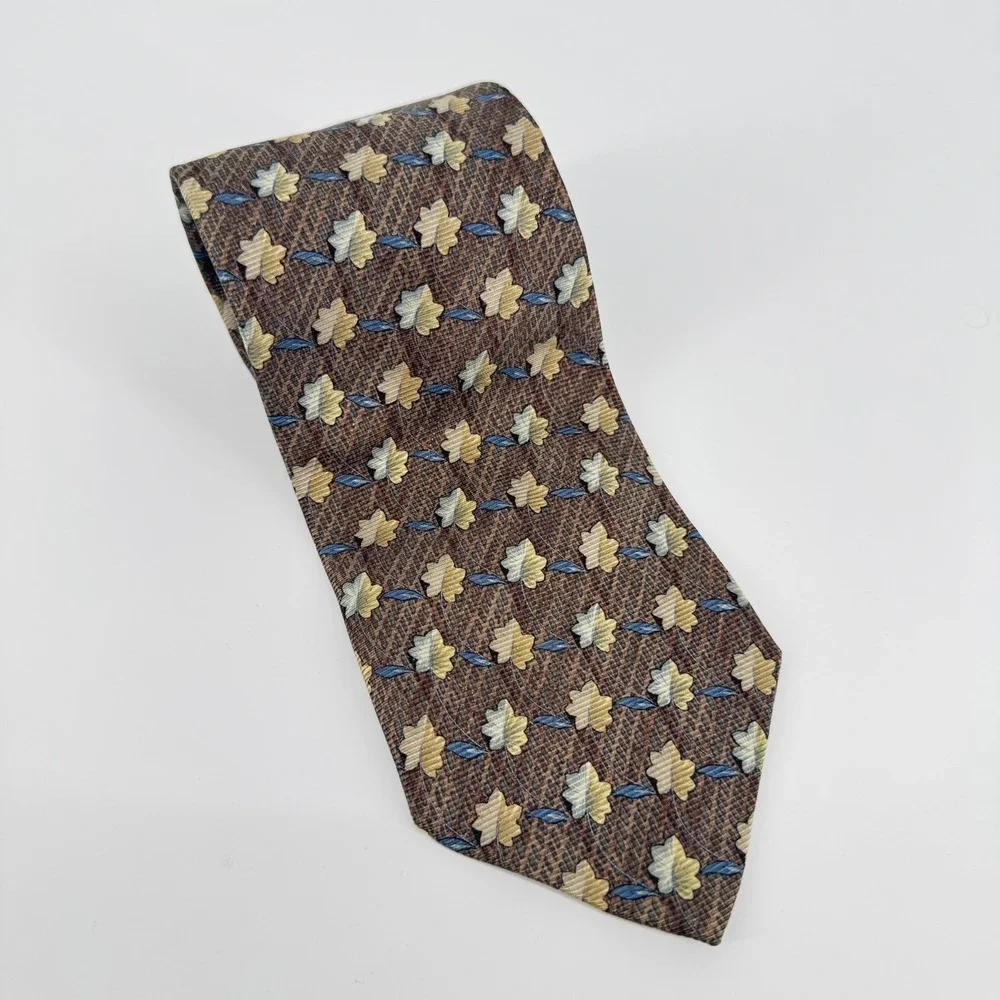 Ermenegildo Zegna Silk Tie Made in Italy Brown Floral Leaf Pattern Luxury‎